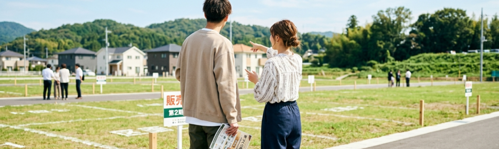 分譲地の現地見学で、パンフレットを手に理想の暮らしを思い描く夫婦。背景には緑豊かな山々と整備された宅地が広がります。