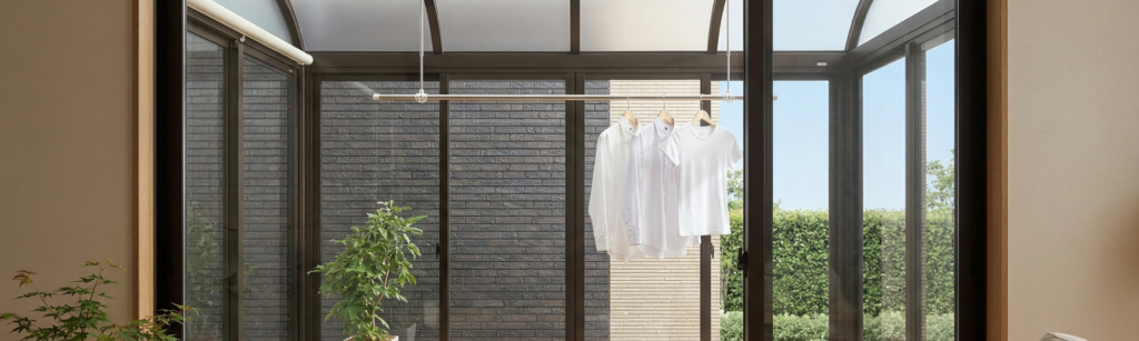 全面ガラス張りのサンルーム。雨や花粉を気にせず洗濯物が干せる、開放感あふれるテラス囲い。